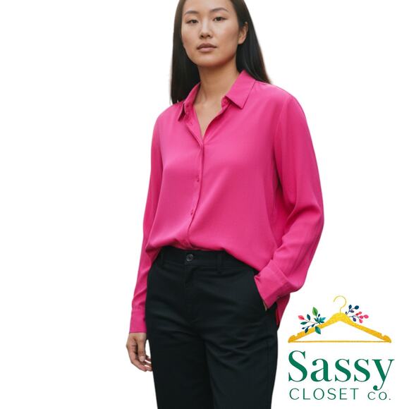 Zara Hot Pink Blouse Button Front Long Sleeve Split Hem Silky Texture Size M EUC - Picture 1 of 4